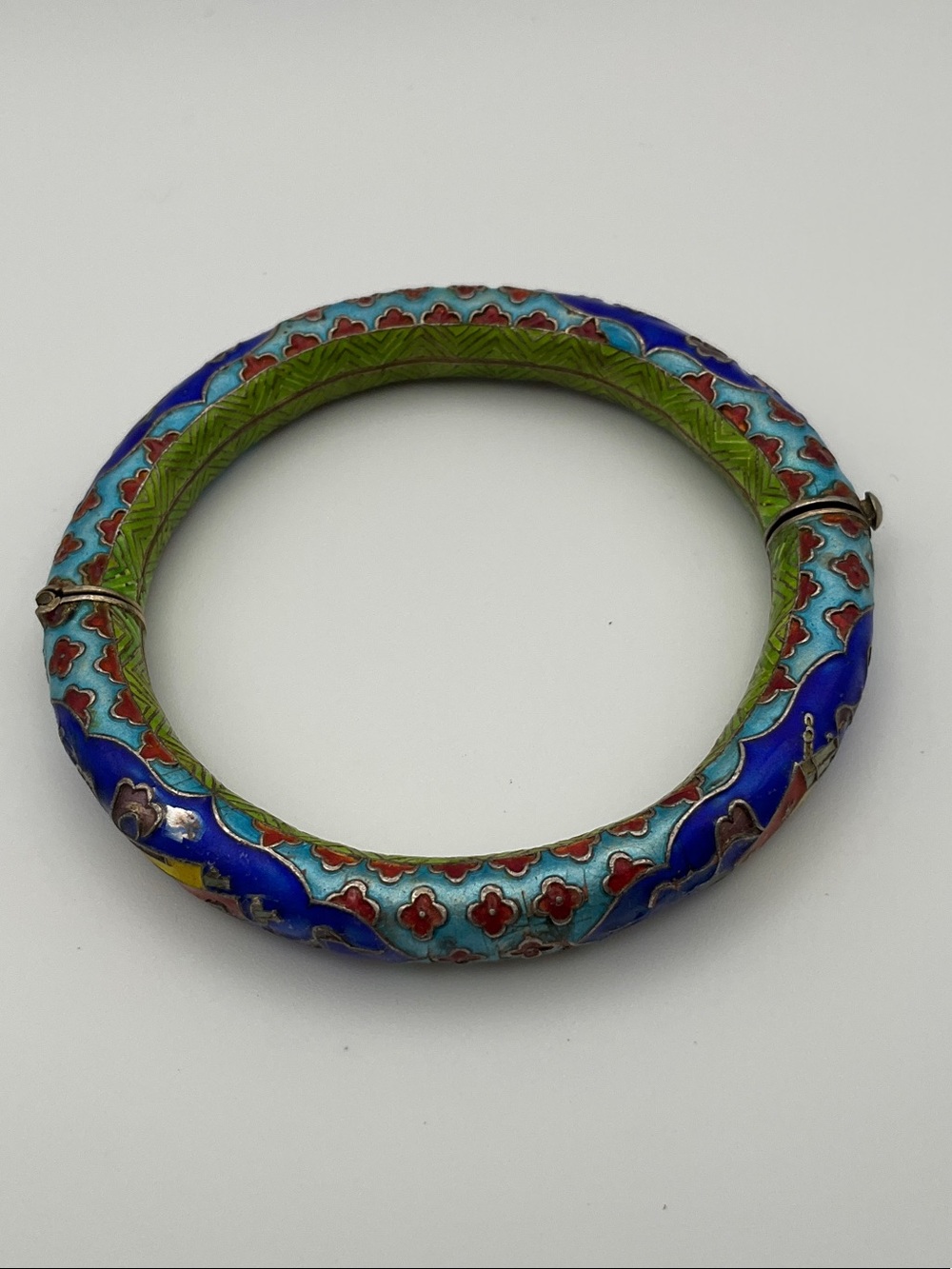 Blue and Turquoise Cloisonné Floral Bangle Bracelet